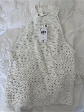 NWT Mango Cream White Crochet Knit Halter Tank Top, Medium